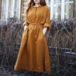 Women's Autumn Cinched Waist Linen Long Dress