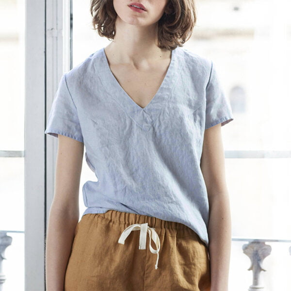 Women's Simple Solid Color V-Neck Linen T-Shirt