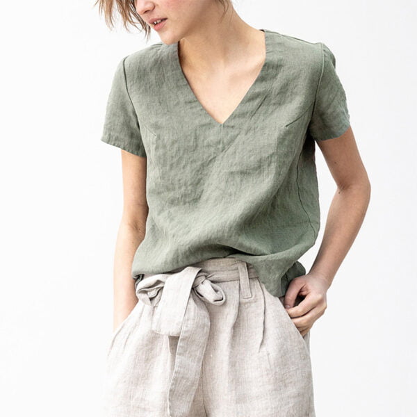 Women's Simple Solid Color V-Neck Linen T-Shirt