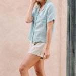 Women's Linen Shirt with Short Sleeves and Lapel Collar