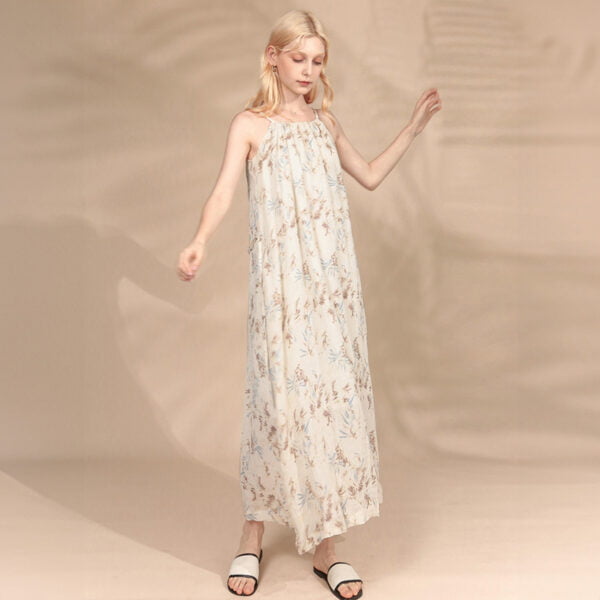 Women's Elegant Floral Printed Halter Linen Dress