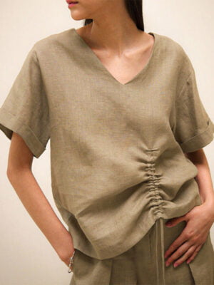 Women's Linen V-Neck Drawstring T-Shirt